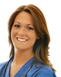 Smiling healthcare professional in blue scrubs