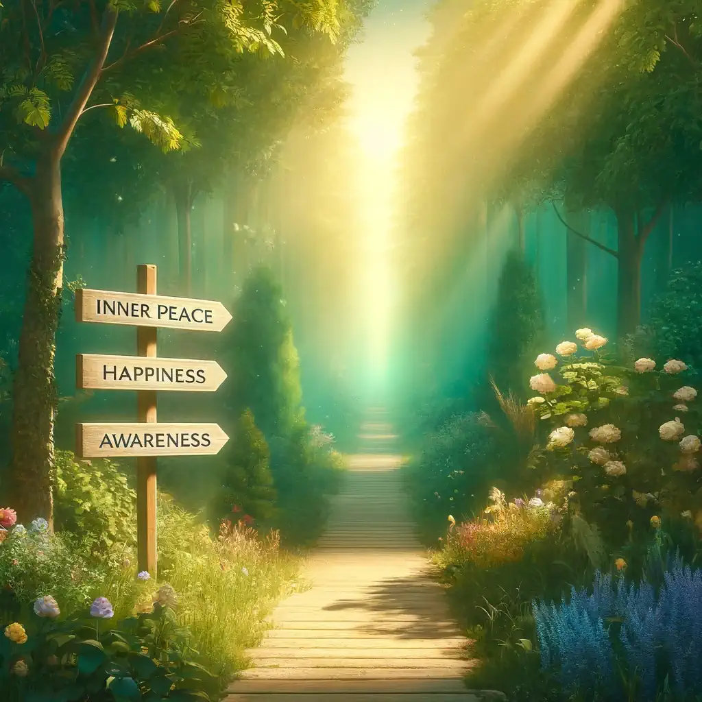 Forest path with signs: Inner Peace, Happiness, Awareness.