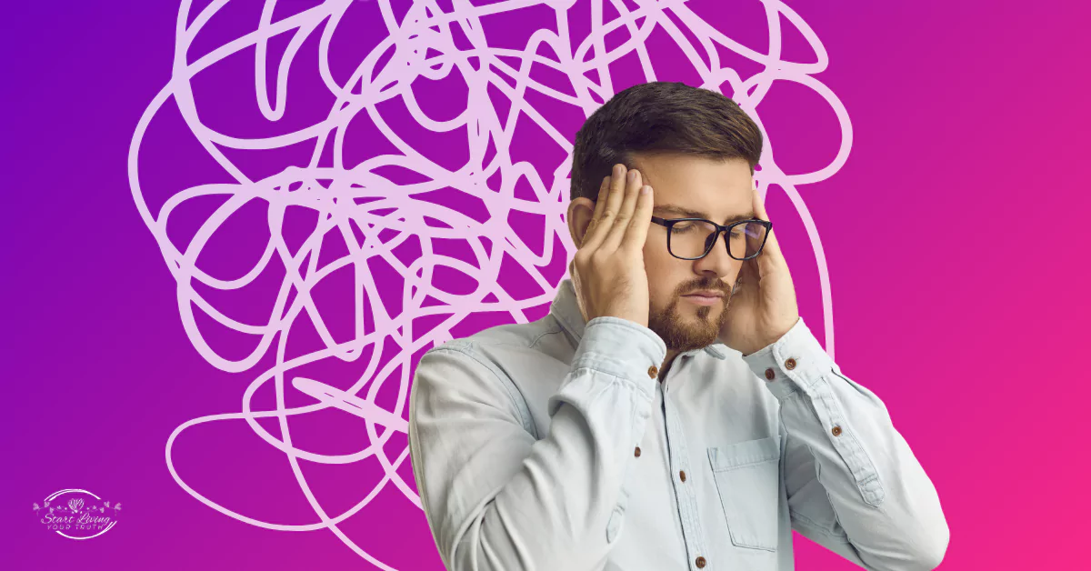 Man stressed with tangled lines background.