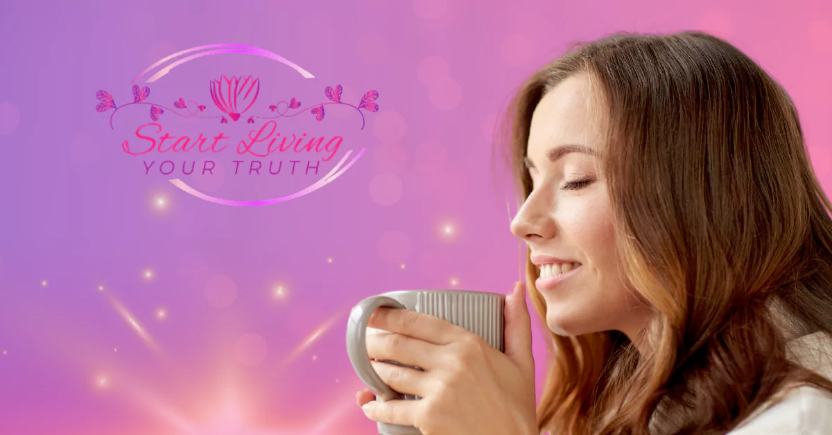 Woman enjoying hot drink, inspirational message, purple background.