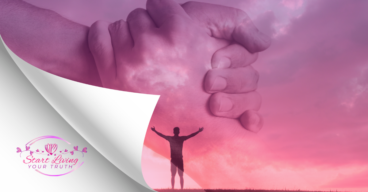 Hands clasping and silhouette with sunset background, logo overlay.