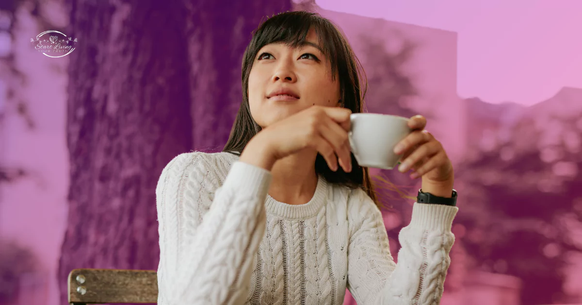 Woman holding cup, thoughtful pose, purple background.