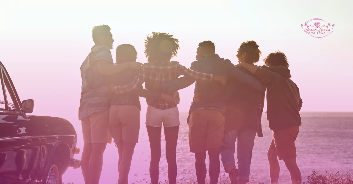 Friends embracing, sunset, beach, car, silhouette.