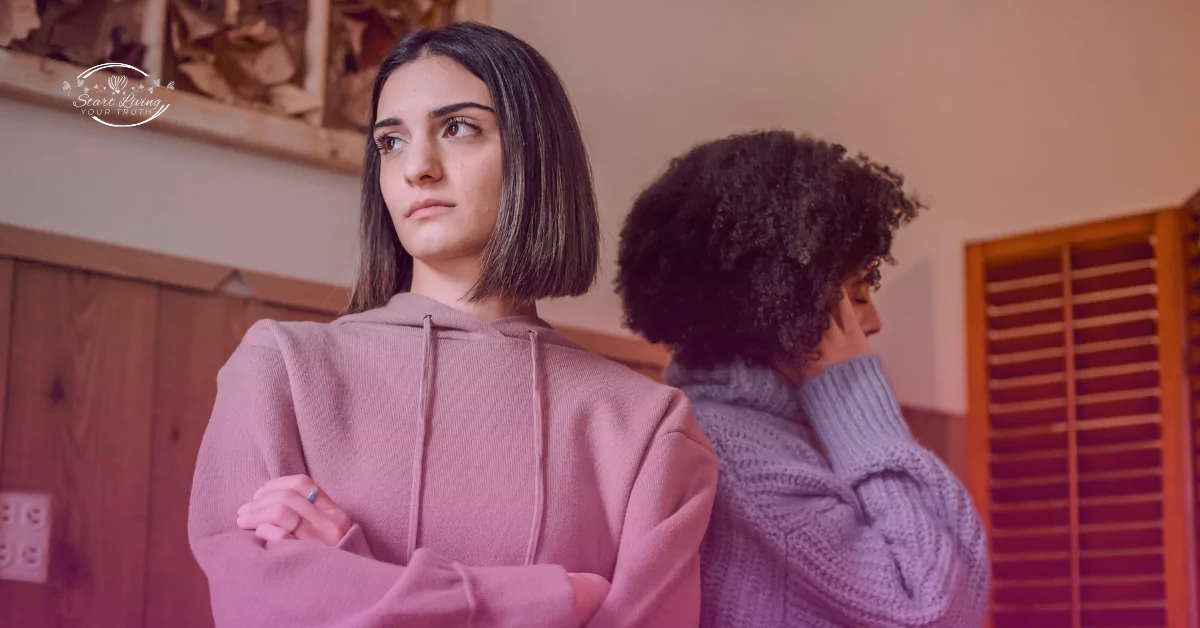 Two women in contemplation, indoors, with subtle branding.