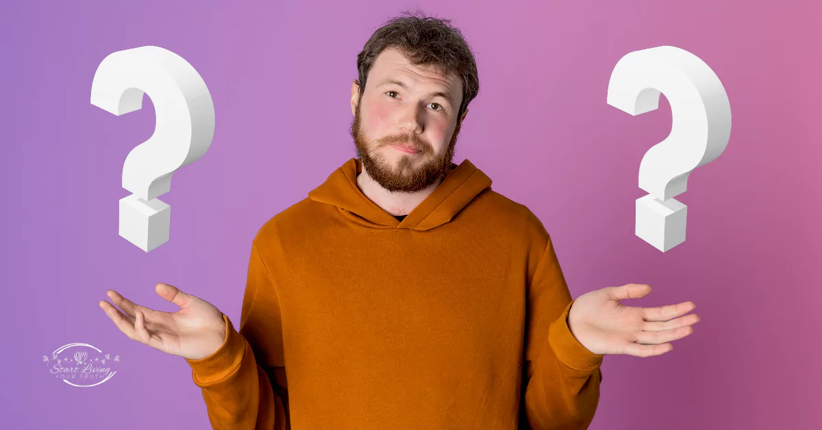 Man shrugging with question marks on purple background.