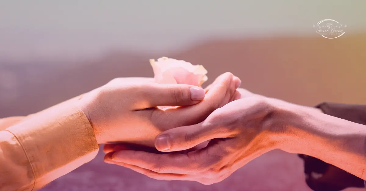 Hands holding pink rose gently together