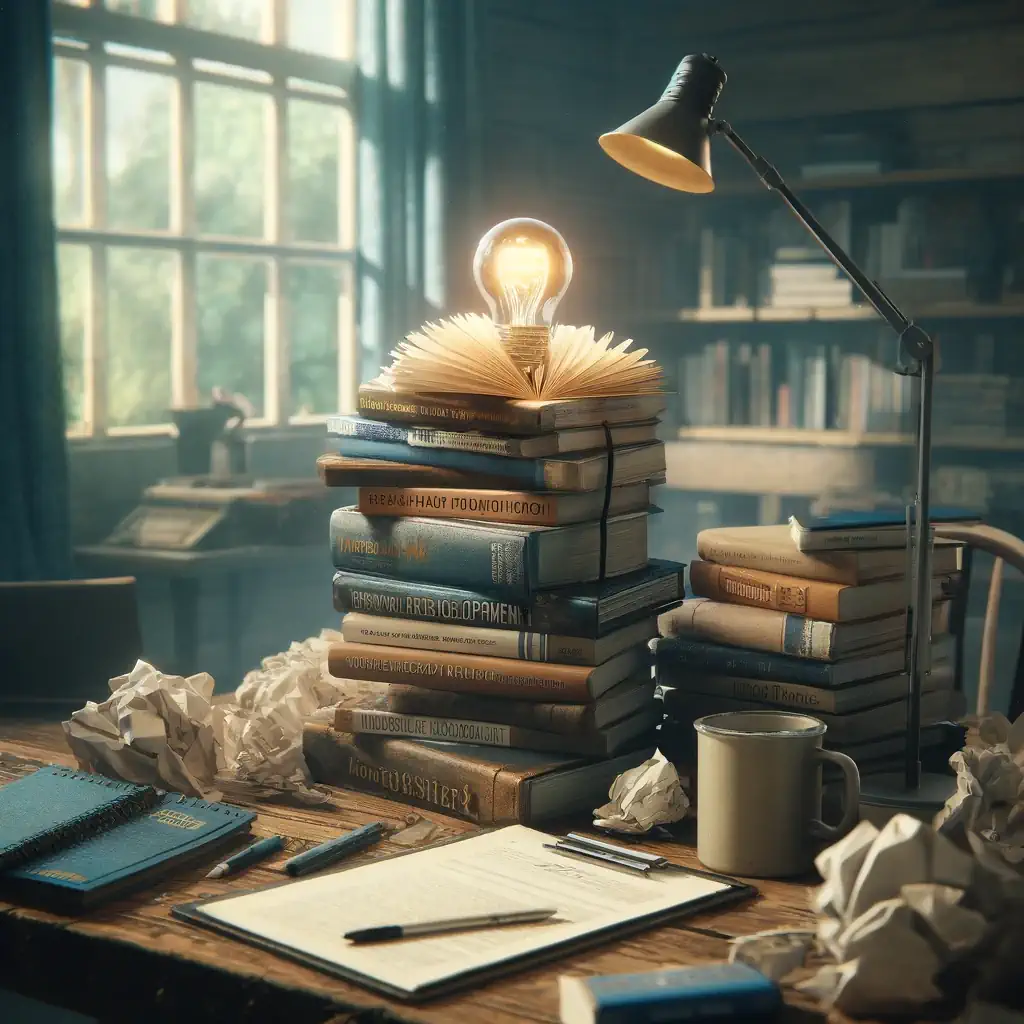 Creative workspace with books, crumpled paper, and glowing lightbulb.
