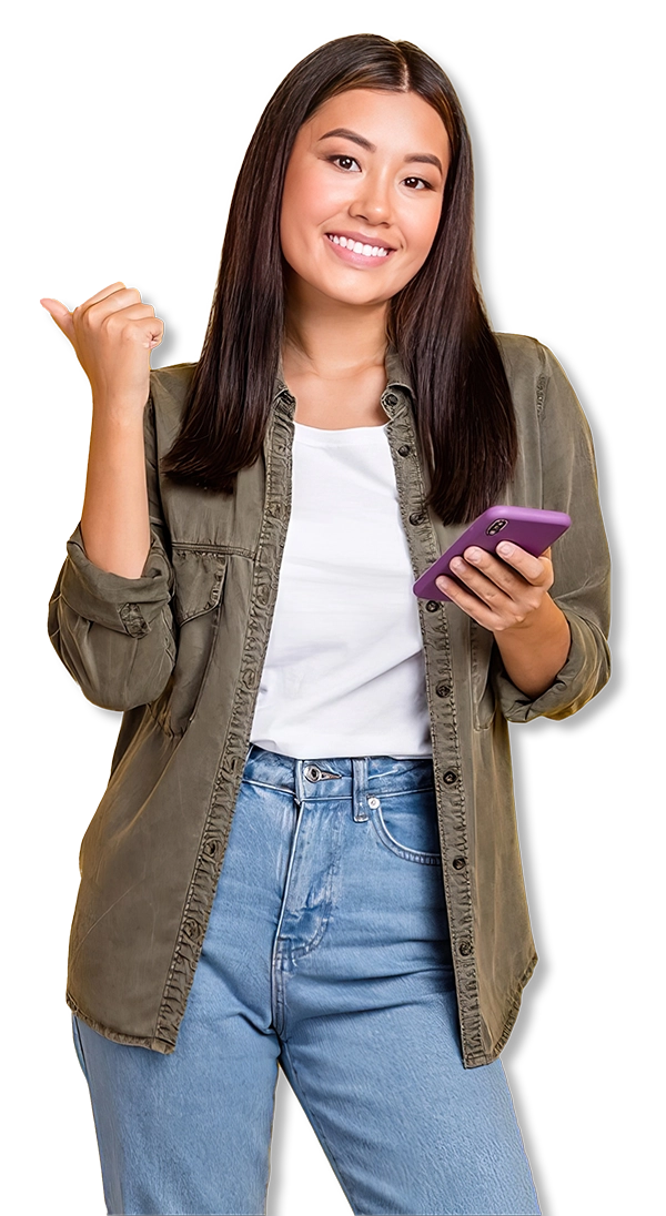 Smiling woman holding phone, casual style.